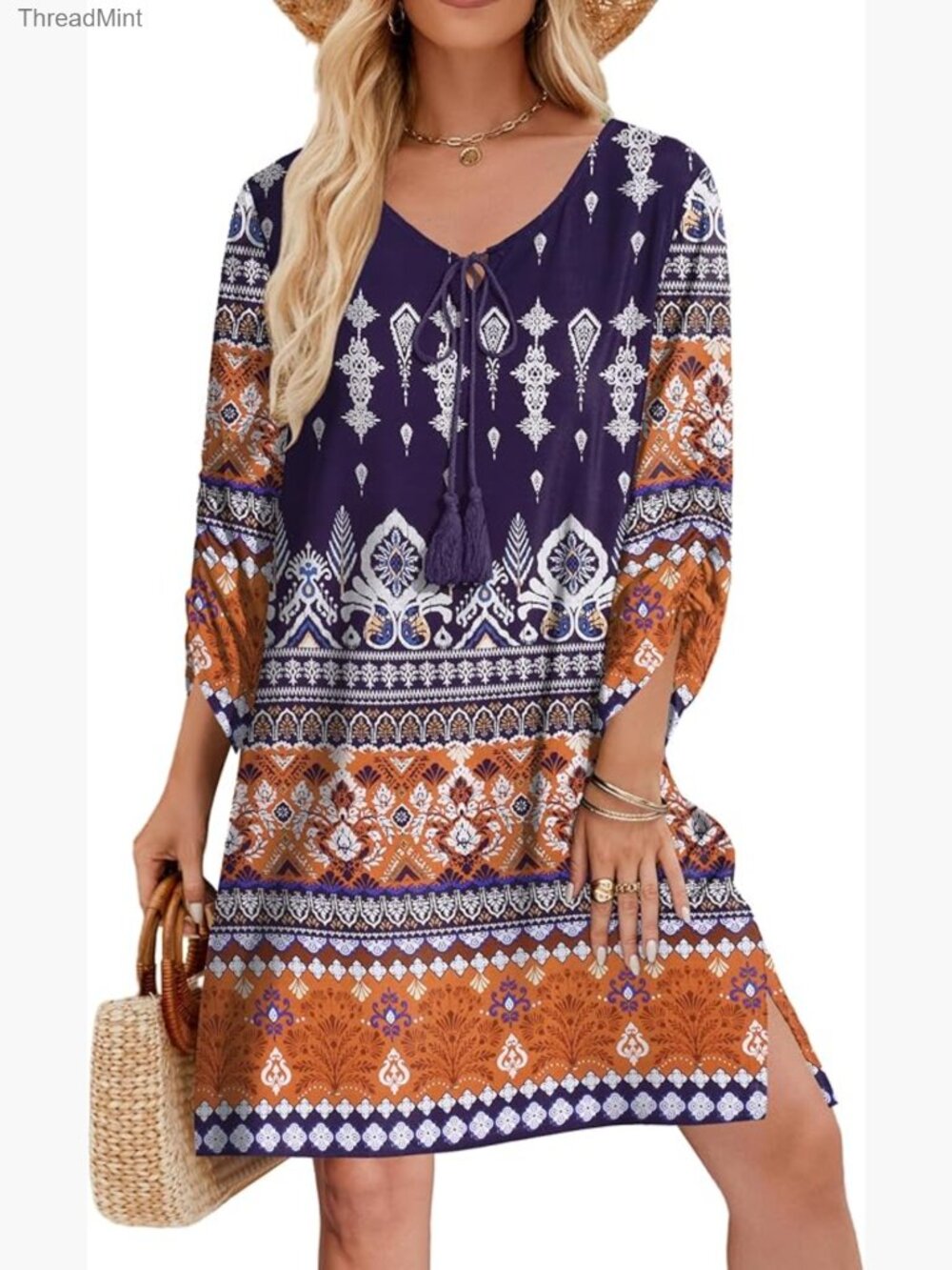 Boho Tassel Tie Neck Floral Mini Sundress 3/4 Sleeve Beach Cover Up